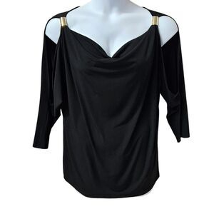 Michael Michael Kors XL Black Cold Shoulder Top Gold Baguette Clasp V-Neck NWT
